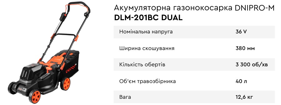 Акумуляторна газонокосарка Dnipro-M DLM-201BC Dual
