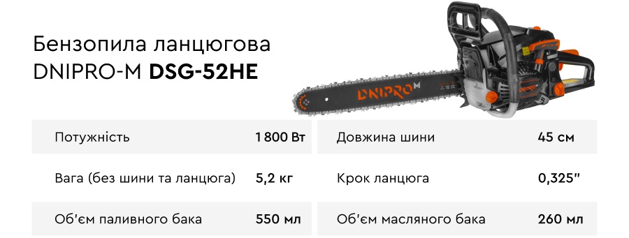 Характеристики бензопили ланцюгової Dnipro-M DSG-52HE