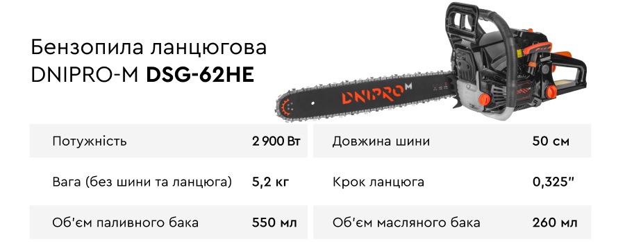 Характеристики бензопили ланцюгової Dnipro-M DSG-62HE